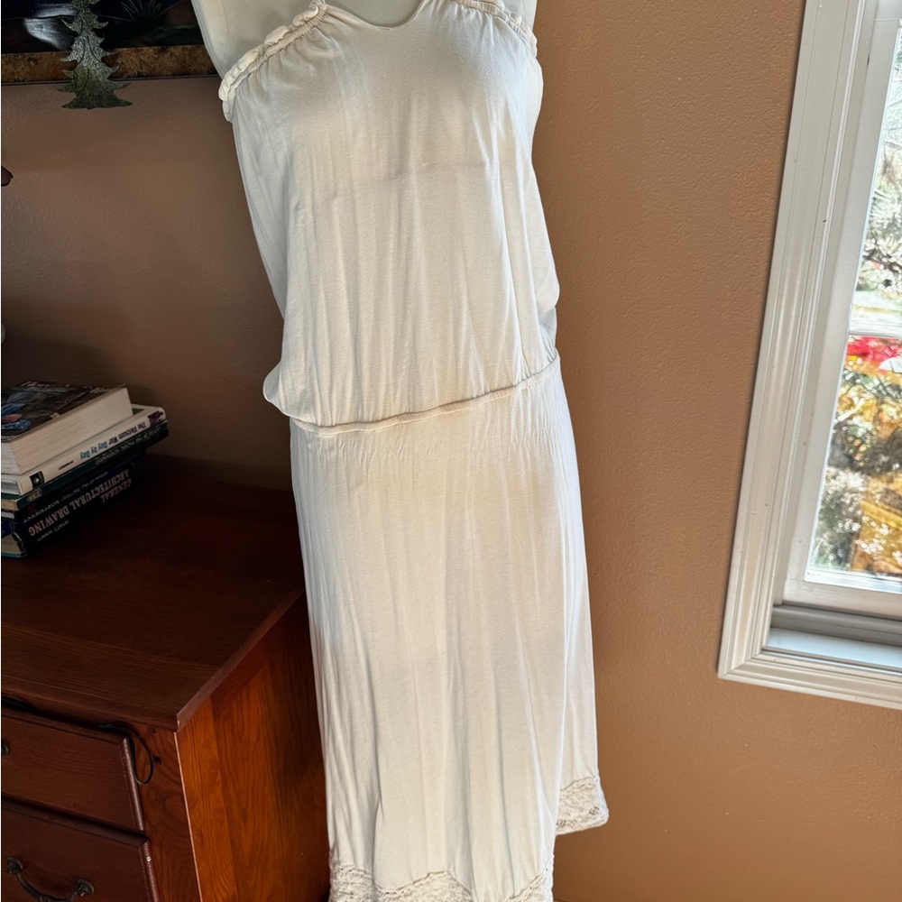 Off-White Cotton Summer Dress With Elegant Lace Trim
